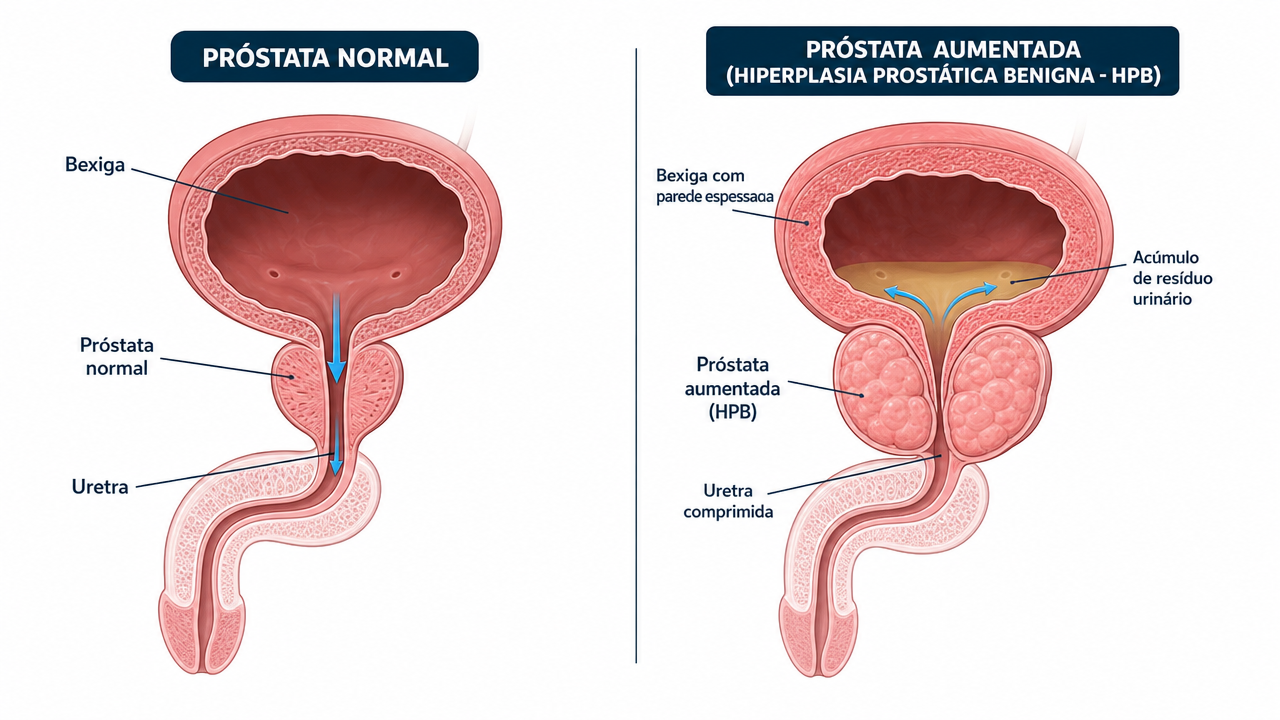 Ilustração comparando uma próstata normal com uma próstata aumentada pela hiperplasia prostática benigna (HPB), mostrando a compressão da uretra e a bexiga com parede espessada e resíduo urinário.
